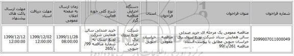 مناقصه عمومی یک مرحله ای خرید صندلی سالن همایش ستاد شرکت توزیع نیروی برق خراسان جنوبی مطابق با پیوست اسناد مناقصه 261/د/99