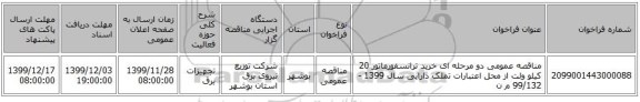 مناقصه عمومی دو مرحله ای خرید ترانسفورماتور 20 کیلو ولت از محل اعتبارات تملک دارایی سال 1399 - 99/132 م ن 