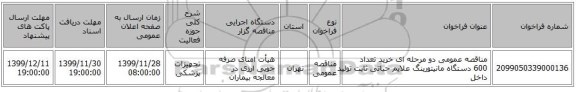 مناقصه عمومی دو مرحله ای خرید تعداد 600 دستگاه مانیتورینگ علایم حیاتی ثابت تولید داخل