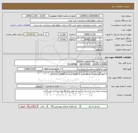 استعلام متریال از نوع ptf25% carbon fied 
ID:380MM   OD:430MM   LENGH:100MM