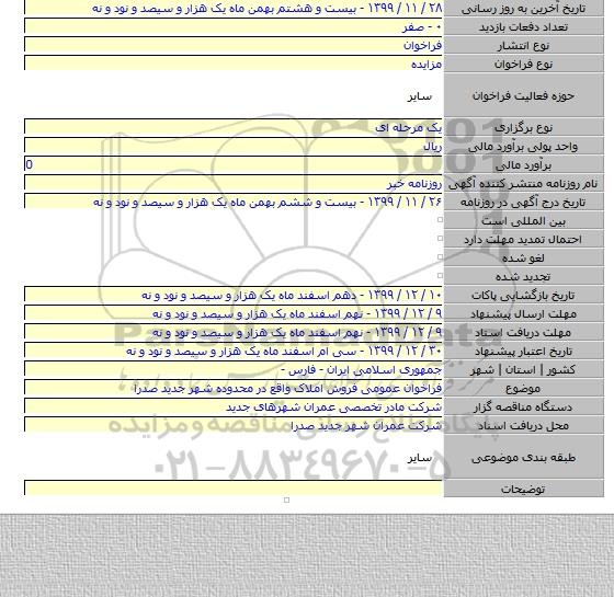 فراخوان عمومی فروش املاک واقع در محدوده شهر جدید صدرا