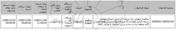 مناقصه عمومی یک مرحله ای تجدید اجرای عملیات شبکه گذاری فولادی (2 الی 6  اینچ) ....در سطح اداره گازه منطقه یک و سه و شش اصفهان و نواحی تابعه