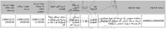 مناقصه عمومی یک مرحله ای تهیه مصالح و اجرای شبکه داخلی گاز تعدادی از خیابانهای فاز توسعه شهرک صنعتی شکوهیه