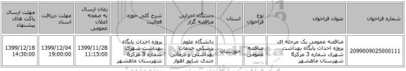 مناقصه عمومی یک مرحله ای پروژه احداث پایگاه بهداشت شهری شماره 3 مرکز6 شهرستان ماهشهر
