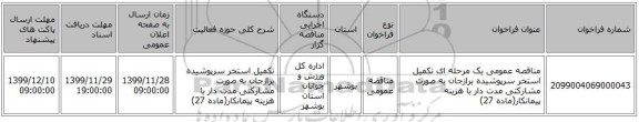 مناقصه عمومی یک مرحله ای تکمیل استخر سرپوشیده برازجان به صورت مشارکتی مدت دار با هزینه پیمانکار(ماده 27)