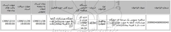 مناقصه عمومی یک مرحله ای خوابگاه ورزشکاران گناوه به صورت مشارکتی مدت دار با هزینه پیمانکار(ماده 27)