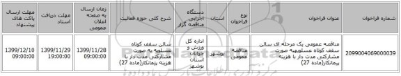 مناقصه عمومی یک مرحله ای سالن سقف کوتاه عسلویهبه صورت مشارکتی مدت دار با هزینه پیمانکار(ماده 27)