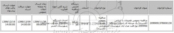 مناقصه عمومی همزمان با ارزیابی (فشرده) یک مرحله ای احداث ایستگاه 2500tbs نوع فلت  عدل آباد شهرستان الشتر 