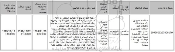 مناقصه عمومی یک مرحله ای واگذاری امور خدمات عمومی و تأمین نیروی انسانی (تنظیف)  شبکه بهداشت و درمان شهرستان چایپاره - (نوبت سوم)