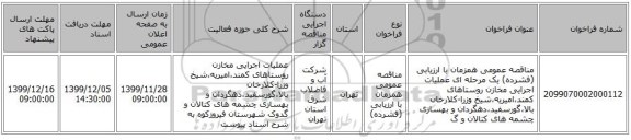 مناقصه عمومی همزمان با ارزیابی (فشرده) یک مرحله ای عملیات اجرایی مخازن روستاهای کمند،امیریه،شیخ وزرا-کلارخان بالا،گورسفید،دهگردان و بهسازی چشمه های کتالان و گ