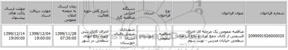 مناقصه عمومی یک مرحله ای اجرای قسمتی از کانال جمع آوری و دفع آب های سطحی خیابان مدرس  - نوبت سوم