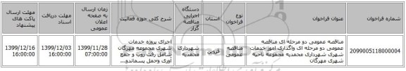 مناقصه عمومی دو مرحله ای مناقصه عمومی دو مرحله ای واگذاری امور خدمات شهری شهرداری محمدیه مجموعه ناحیه شهری مهرگان 