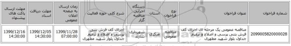 مناقصه عمومی یک مرحله ای اجرای کف فرش بتنی پرسی و اصلاح و ترمیم جداول بلوار شهید مطهری
