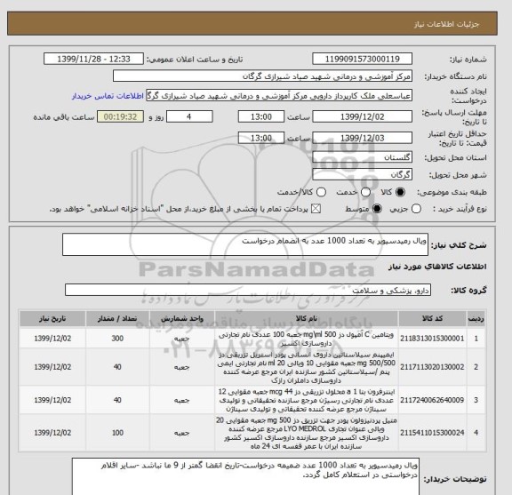 استعلام ویال رمیدسیویر به تعداد 1000 عدد به انضمام درخواست