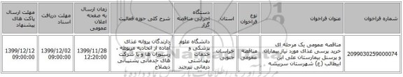 مناقصه عمومی یک مرحله ای خرید پرسی غذای مورد نیاز بیماران و پرسنل بیمارستان علی ابن ابیطالب (ع) شهرستان سربیشه