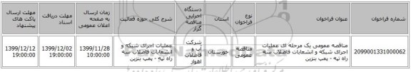 مناقصه عمومی یک مرحله ای عملیات اجرای شبکه و انشعابات فاضلاب سه راه تپه - پمپ بنزین 