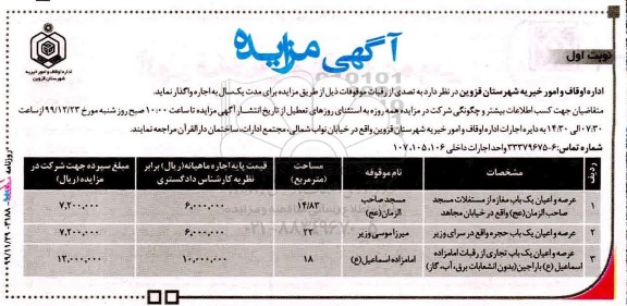 مزایده, مزایده اجاره تصدی از رقبات موقوفات 