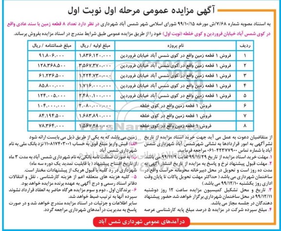 مزایده،مزایده فروش 8 قطعه زمین مرحله اول نوبت اول 