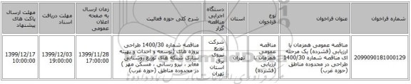 مناقصه عمومی همزمان با ارزیابی (فشرده) یک مرحله ای مناقصه شماره 1400/30 طراحی در محدوده مناطق (حوزه غرب)