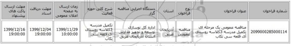 مناقصه عمومی یک مرحله ای تکمیل مدرسه 3کلاسه روستای آی قلعه سی تکاب