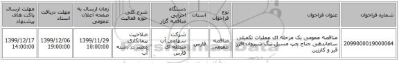 مناقصه عمومی یک مرحله ای عملیات تکمیلی ساماندهی جناح چپ مسیل تنگ شیروان افزر قیر و کارزین