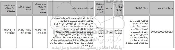مناقصه عمومی یک مرحله ای انجام سرویس، نگهداری، تعمیرات، نظافت و راهبری تاسیسات مکانیکی، الکتریکی، بهداشتی، برودتی، آبرسانی و حرارتی ساختمان های ستاد م