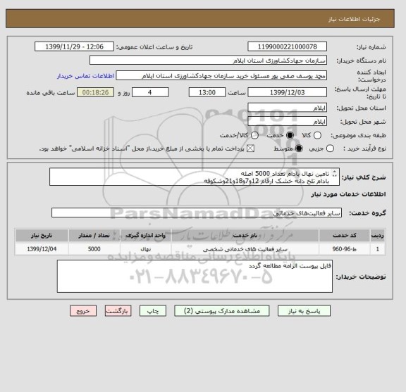 استعلام تامین نهال بادام تعداد 5000 اصله 
بادام تلخ دانه خشک ارقام 12و7و18و21وشکوفه
پرداخت به صورت اوراق خزانه اسلامی با سررسید ابان 1402