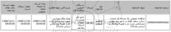 مناقصه عمومی یک مرحله ای احداث سالن سقف کوتاه در شهر جم بصورت مشارکتی مدت دار با هزینه پیمانکار بر اساس ماده27