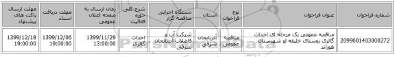 مناقصه عمومی یک مرحله ای احداث گالری روستای خلیفه لو شهرستان هوراند