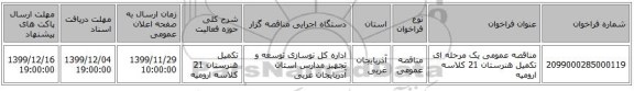 مناقصه عمومی یک مرحله ای تکمیل هنرستان 21 کلاسه  ارومیه