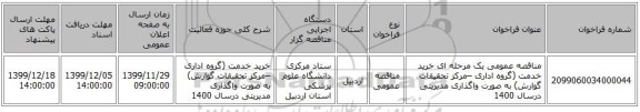 مناقصه عمومی یک مرحله ای خرید خدمت (گروه اداری –مرکز تحقیقات گوارش) به صورت واگذاری مدیریتی درسال 1400