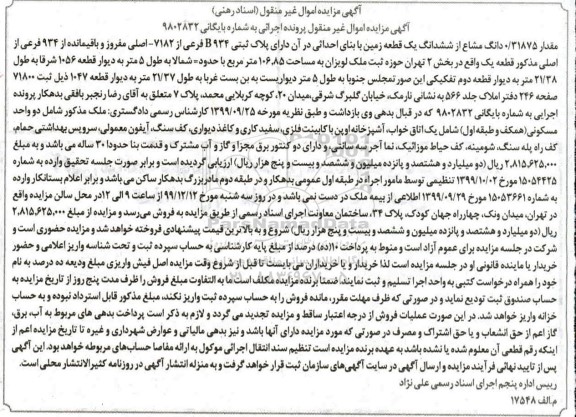 مزایده،مزایده 0.31875 دانگ مشاع از ششدانگ یک قطعه زمین 