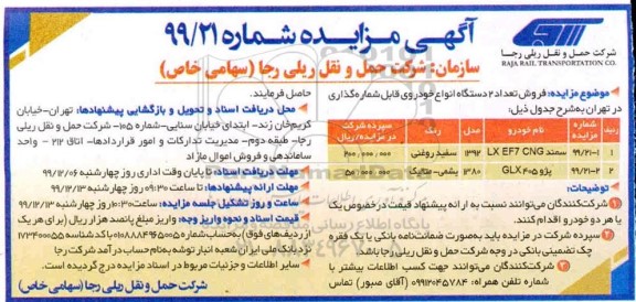 مزایده، مزایده فروش تعداد 2 دستگاه انواع خودروی قابل شماره گذاری