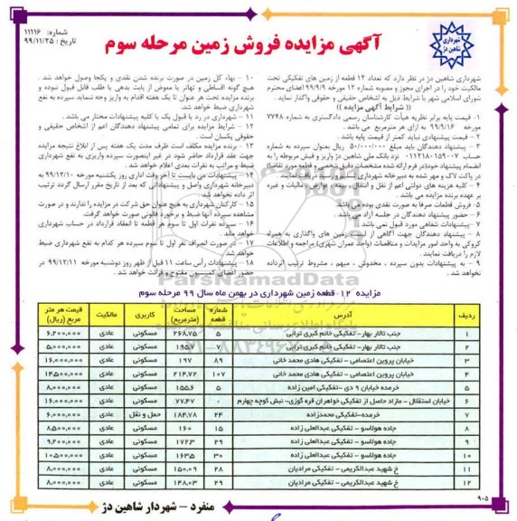 مزایده،مزایده فروش 12 قطعه از زمین های تفکیکی مرحله سوم