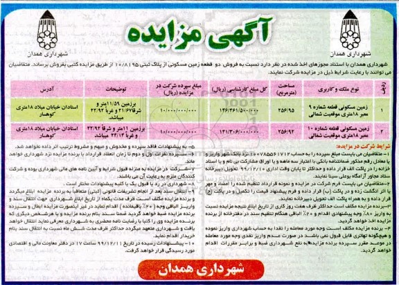 مزایده،مزایده فروش دو قطعه زمین مسکونی از پلاک ثبتی 10.8195 