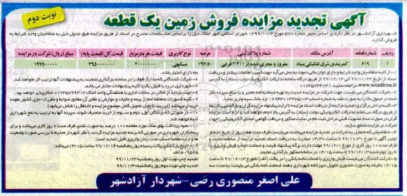 مزایده،مزایده تجدید فروش زمین مسکونی 197.50 مترمربع