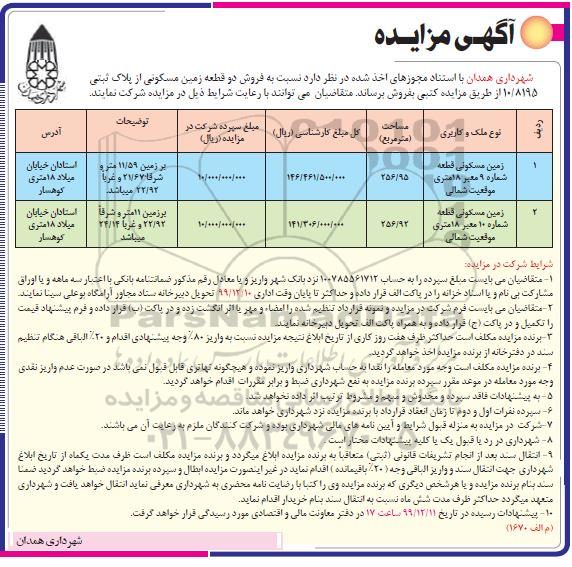مزایده، مزایده فروش دو قطعه زمین مسکونی مساحت 256.95 و 256.92 