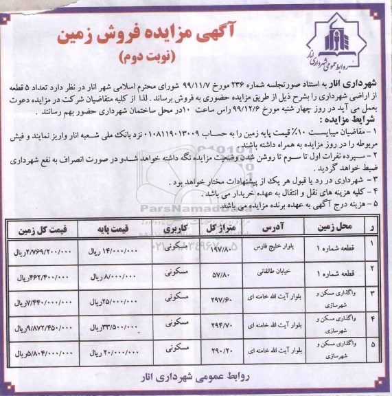 مزایده، مزایده فروش 5 قطعه از اراضی مسکونی نوبت دوم 