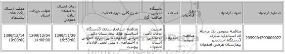 مناقصه عمومی یک مرحله ای استاندارد سازی 3دستگاه آسانسور بیمارستان غرضی اصفهان