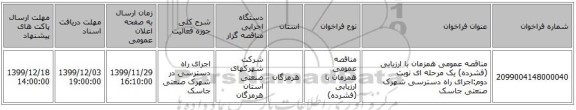 مناقصه عمومی همزمان با ارزیابی (فشرده) یک مرحله ای نوبت دوم:اجرای راه دسترسی شهرک صنعتی جاسک