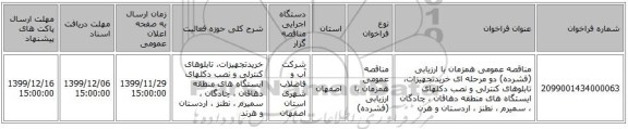 مناقصه عمومی همزمان با ارزیابی (فشرده) دو مرحله ای خریدتجهیزات، تابلوهای کنترلی و نصب دکلهای ایستگاه های منطقه دهاقان ، چادگان ، سمیرم ، نطنز ، اردستان  و هرن
