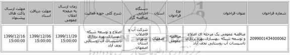 مناقصه عمومی یک مرحله ای اصلاح و توسعه شبکه ،بهسازی،بهره برداری تاسیسات آب روستایی نجف آباد 