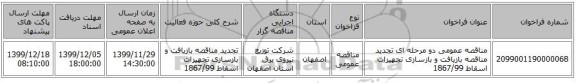 مناقصه عمومی دو مرحله ای تجدید مناقصه بازیافت و بازسازی تجهیزات اسقاط 1867/99