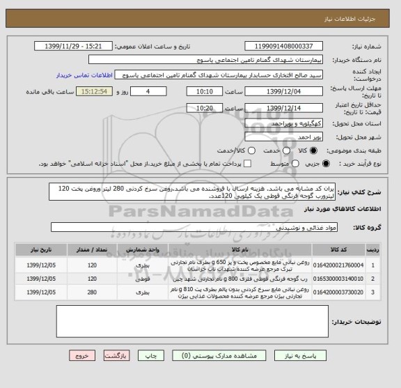 استعلام یران کد مشابه می باشد. هزینه ارسال با فروشنده می باشد.روغن سرخ کردنی 280 لیتر وروغن پخت 120 لیترورب گوجه فرنگی قوطی یک کیلویی 120عدد.