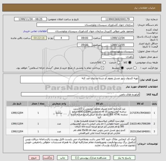 استعلام تهیه کندوی زنبور عسل وموم آج شده وداروی ضد کنه