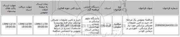 مناقصه عمومی یک مرحله ای خرید و تامین ملزومات مصرفی پزشکی  مورد نیاز مرکز پزشکی ، آموزشی و درمانی کوثـر