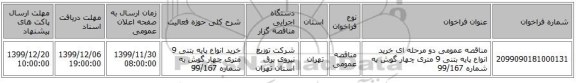 مناقصه عمومی دو مرحله ای خرید انواع پایه بتنی 9 متری چهار گوش به شماره 99/167