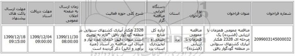 مناقصه عمومی همزمان با ارزیابی (فشرده) یک مرحله ای 2328 هکتار آبیاری کشتهای سنواتی در منطقه گودگوار بافق