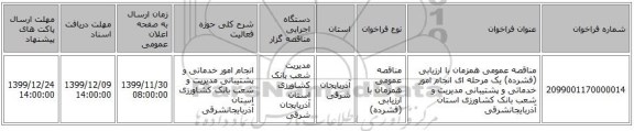 مناقصه عمومی همزمان با ارزیابی (فشرده) یک مرحله ای انجام امور خدماتی و پشتیبانی مدیریت و شعب بانک کشاورزی استان آذربایجانشرقی