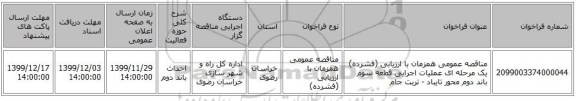 مناقصه عمومی همزمان با ارزیابی (فشرده) یک مرحله ای عملیات اجرایی قطعه سوم باند دوم محور تایباد - تربت جام